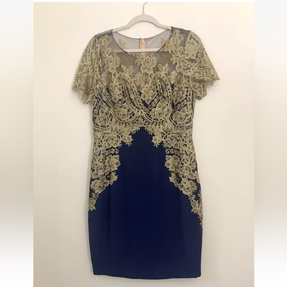 Marchesa Notte Blue Gold Silk Embellished Cocktail Party Dress Size 10 NWT